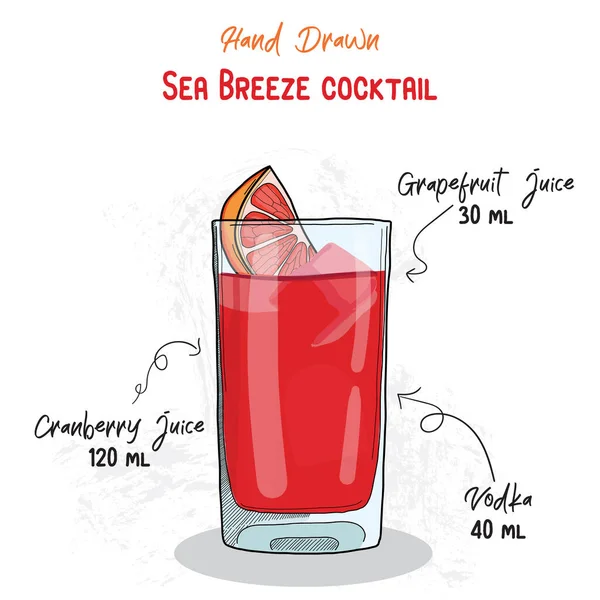 Dibujado Mano Colorido Mar Brisa Verano Cóctel Bebida Ingredientes Receta — Vector de stock
