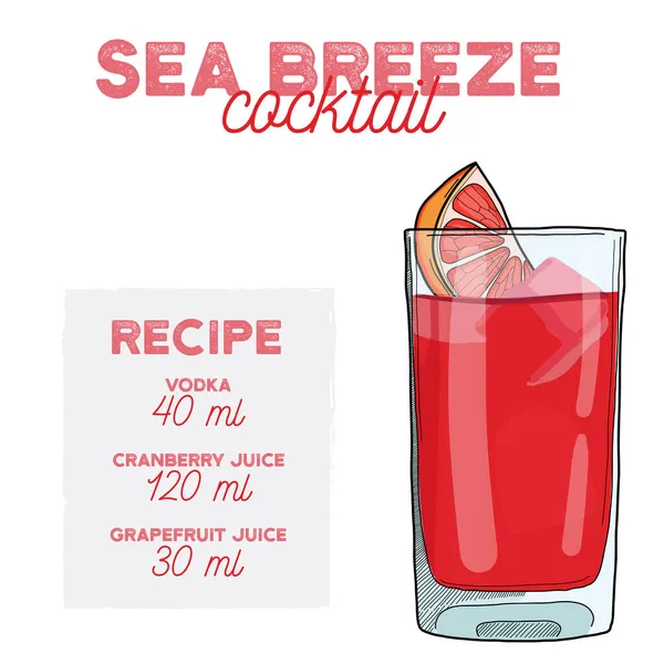 Sea Breeze Cocktail Εικονογράφηση Συνταγή Ποτό Συστατικά — Διανυσματικό Αρχείο