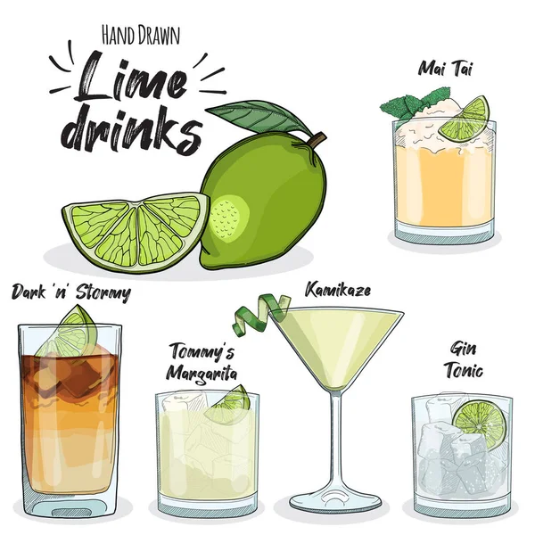 Lime Drinks Set Gin Tonic Dark Stormy Kamikaze Mai Tai — стоковый вектор