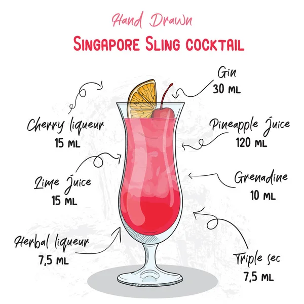 Hand Drawn Colorful Singapore Sling Summer Cocktail Drink Ingredients Handwritten — Stock Vector