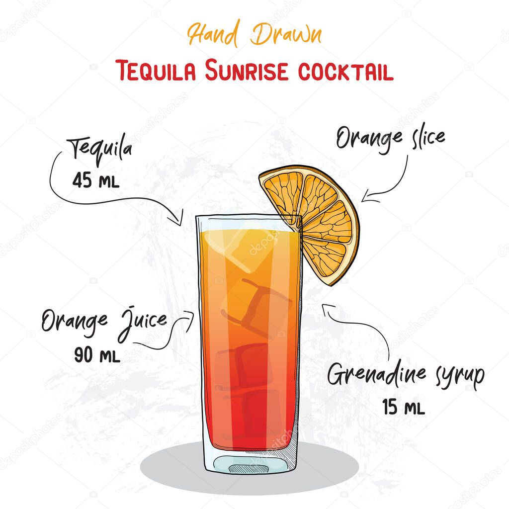 Hand Drawn Colorful Tequila Sunrise Summer Cocktail Drink Ingredients Handwritten Recipe