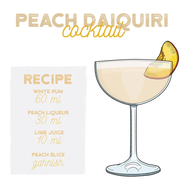 Bebida Receita Ilustração Coquetel Peach Daiquiri Com Ingredientes —  Vetores de Stock