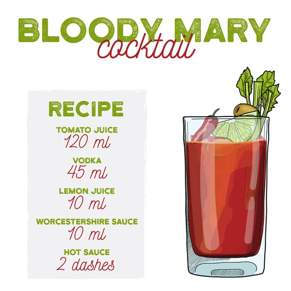 Bebida Sangrienta Receta Ilustración Del Cóctel Mary Con Los Ingredientes — Archivo Imágenes Vectoriales
