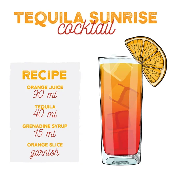 Tequila Sunrise Cocktail Ilustración Receta Bebida Con Ingredientes — Vector de stock