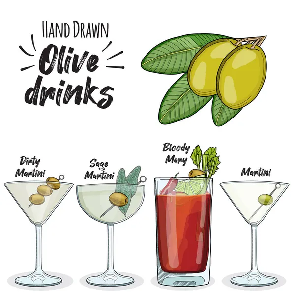 Olive Drinks Set Dirty Martini Sage Martini Bloody Mary — Vector de stock