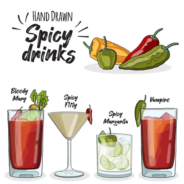 Set Bebidas Chile Bloody Mary Spicy Fifty Spicy Margarita Vampiro — Vector de stock