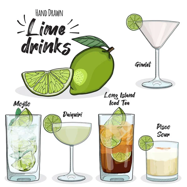 Lime Drinks Set Long Island Iced Tea Mojito Daiquiri Gimlet — стоковий вектор