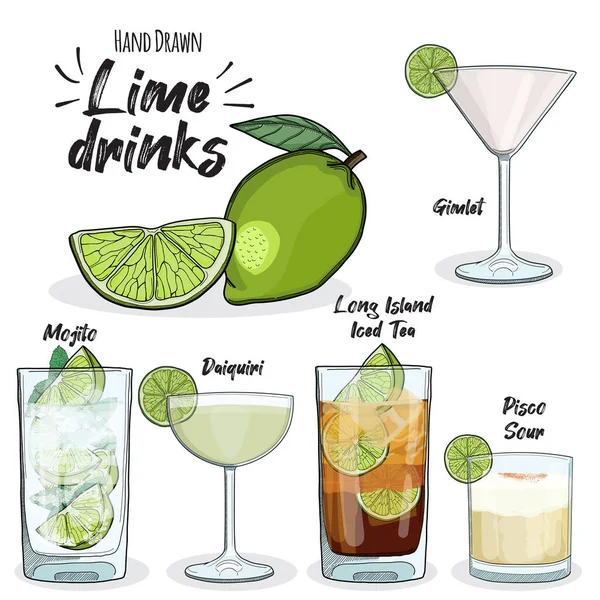 Lime Drycker Set Long Island Iced Tea Mojito Daiquiri Gimlet — Stock vektor