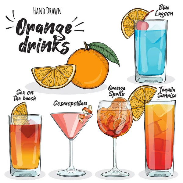 Orange Drinks Set Sex Beach Spritz Blue Lagoon Cosmopolitan Tequila — Stock Vector