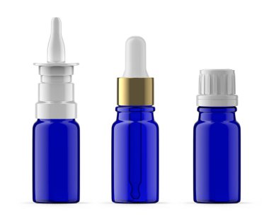 10 ml Mavi Cam Şişe seti. Burun spreyi, Temel Yağ ve Düşürme Şişesi. İzole edilmiş
