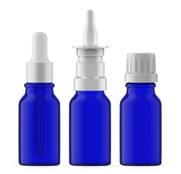 Conjunto Garrafas Vidro Azul Spray Nasal Óleo Essencial Frasco Conta — Fotografia de Stock