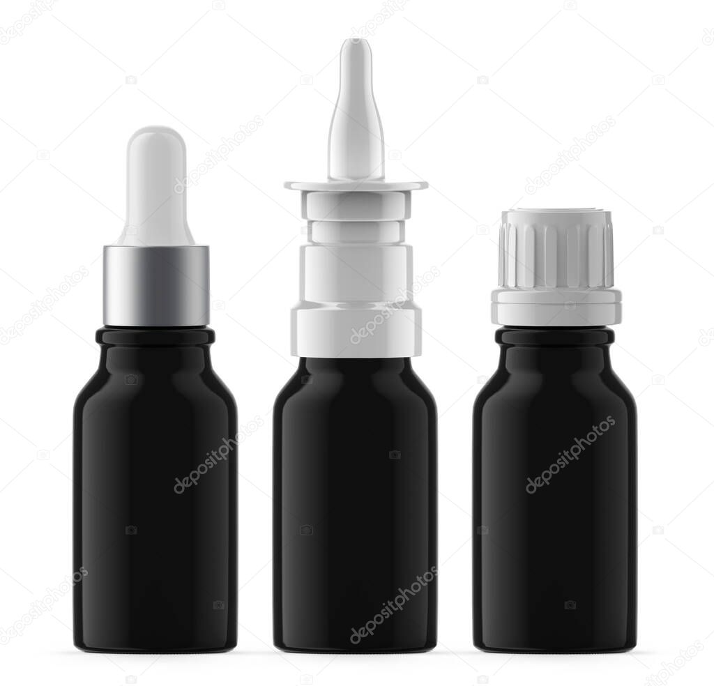 15 ml Black UV Glass Bottles Nasal spray Essential Oil and Dropper Bottle. Isolated