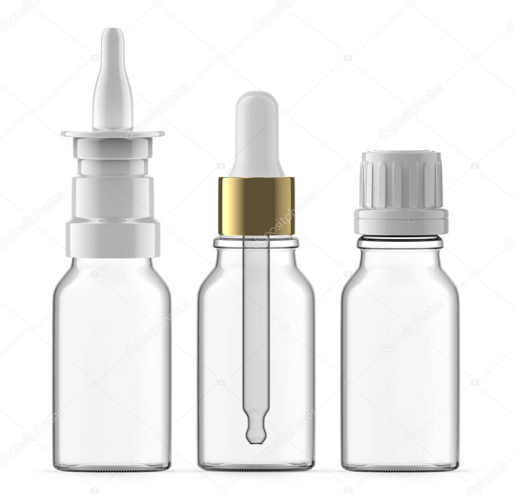 Set of 15 ml Empty Glass Bottles. Nasal spray, Essential Oil and Dropper Bottle. Isolated