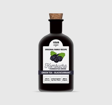 Blackcurrant Kombucha etiketi çay şişesi paketleme şablonu izole edildi
