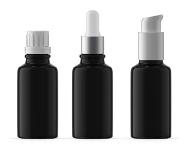 30 ml 'lik siyah UV cam şişe seti. Plastik kapak, Düşük Şişe ve Pompa. İzole edilmiş