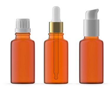 30 ml 'lik Amber cam şişe seti. Plastik kapak, Düşük Şişe ve Pompa. İzole edilmiş