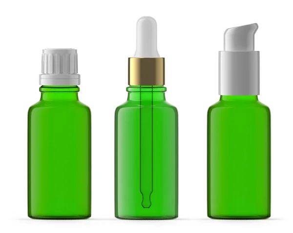 Set Botellas Vidrio Verde 30Ml Tapa Plástico Cuentagotas Bomba Aislado —  Fotos de Stock