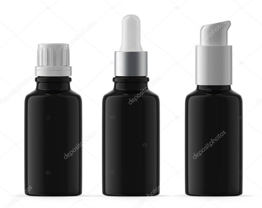 Set of 30ml Black UV Glass Bottles. Plastic Cap, Dropper Bottle and Pump. Isolated