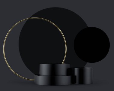 Siyah ve Altın Podyum 3D sahne. İzole edilmiş