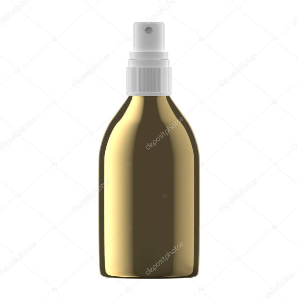Round Gold Plastic Bottle Cosmetic with Mist Spray Isolated