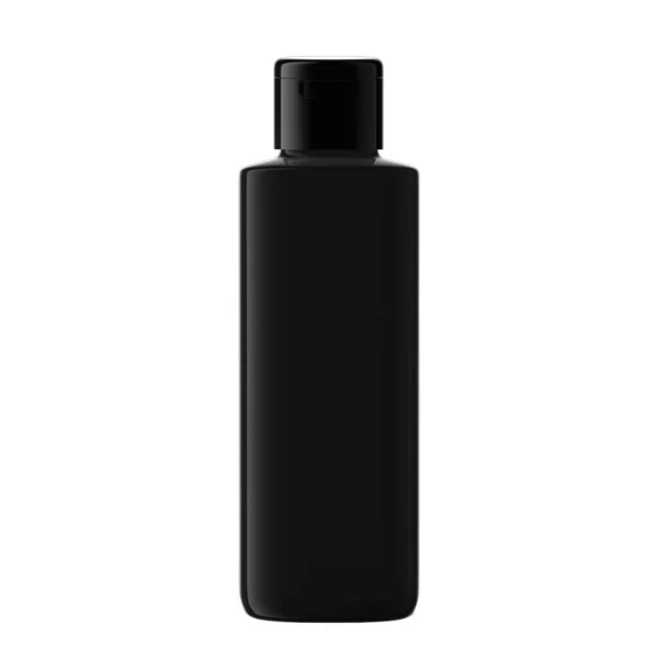 Bottiglia Plastica Nera Quadrata Cosmetica Con Tappo Aperto Isolato — Foto Stock