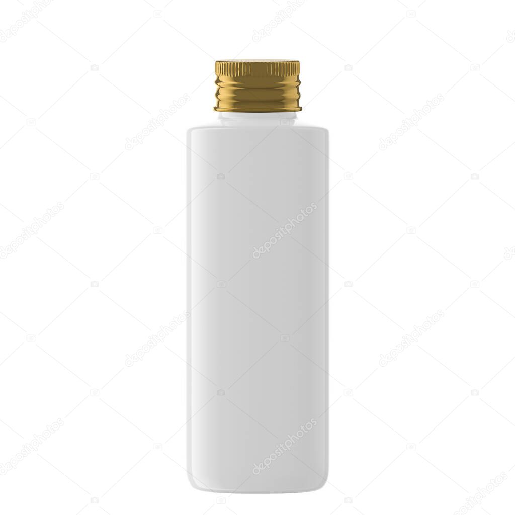 Square Plastic Bottle Cosmetic with Gold Screw Cap Isolated