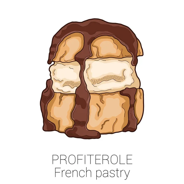 Profiterole Francia Sütemény Pattiserie Torta Színes Vektor Illusztráció — Stock Vector