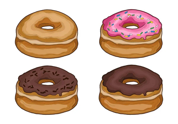 Amerikan Donut Pastası Çikolata Çilek Çilek Çeşnili Lezzetli Renkli Vektör İllüstrasyonu