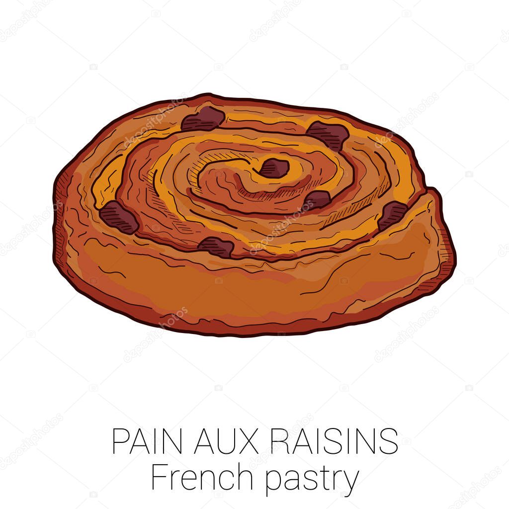 Pain Aux Raisins French Pastry Pattiserie Cake Colorful Vector Illustration