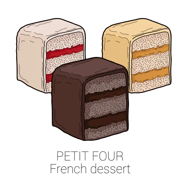 Petit Four French Dessert Pastry Pattiserie Cake Colorful Vector Illustration — Stock Vector