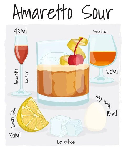 Amaretto Sour Cocktail Ilustración Receta Bebida Con Ingredientes — Vector de stock