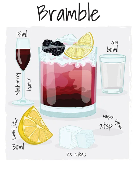 Bramble Cóctel Ilustración Receta Bebida Con Ingredientes — Vector de stock