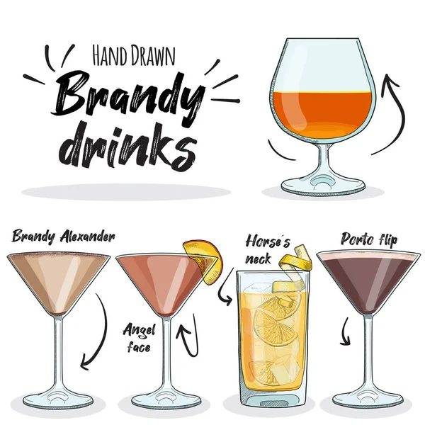 Dibujado Mano Colorido Brandy Drinks Set Brandy Alexander Angel Cara — Vector de stock