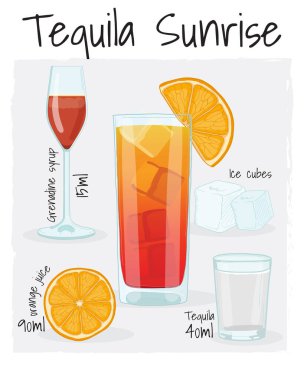 İçindekilerle birlikte tekila Sunrise Cocktail Illustration Recipe İçeceği