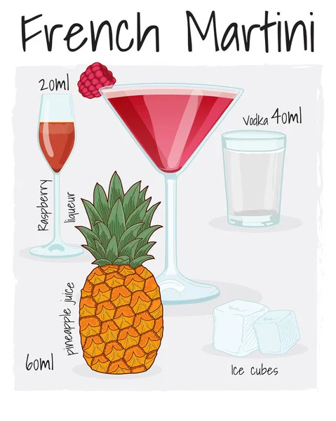 French Martini Cocktail Εικονογράφηση Συνταγή Ποτό Συστατικά — Διανυσματικό Αρχείο
