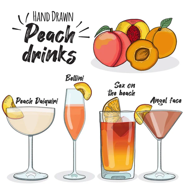 Hand Drawn Colorful Apricot Drinks Set Angel Face Bellini Peach — Stockvector