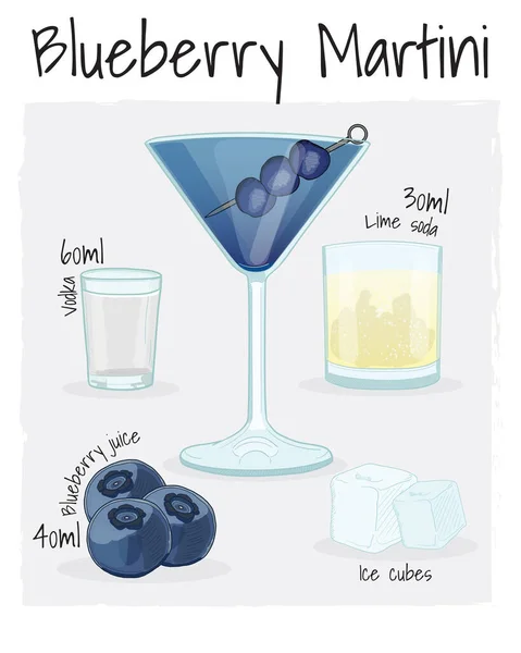Blueberry Martini Cocktail Εικονογράφηση Συνταγή Ποτό Συστατικά — Διανυσματικό Αρχείο
