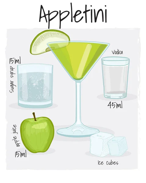 Appletini Cocktail Illustration Recipe Drink Ingredients — Vector de stock