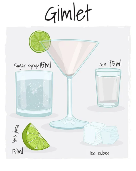 Gimlet Cocktail Illustration Recipe Drink Ingredients — Stockvektor