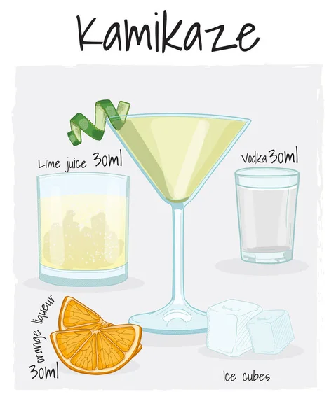 Kamikaze Cocktail Illustration Recipe Drink Ingredients — стоковый вектор