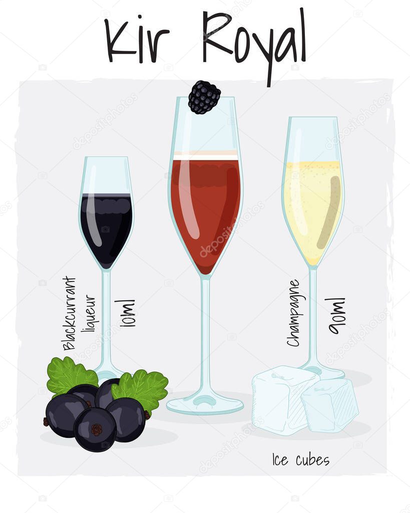 Kir Royal Cocktail Illustration Recipe Drink with Ingredients