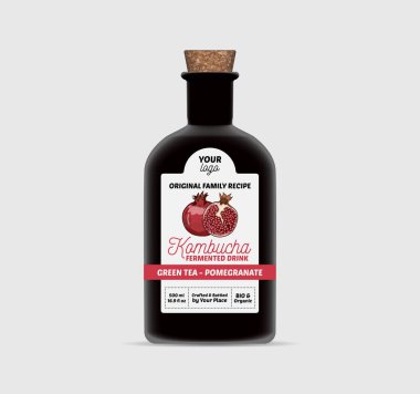 Pomegranate Kombucha label template Tea Bottle Packaging Isolated