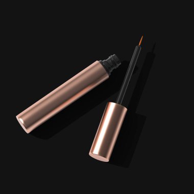 Rosegold Lash serum açık şişe üstü görünümü uzun gölge siyah arkaplan izole