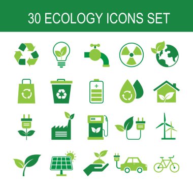 30 green ecology icon set.  energy sign and symbol. conservation saving support and solution. isolated on white background. environment and sustainable concept. vector illustration flat design.