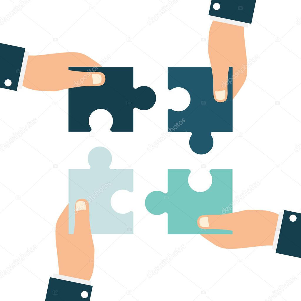 Hands putting puzzle pieces. Isolated on white background. Vector illustration in flat design. Business for success. Teamwork and problem solution complete jigsaw concept.