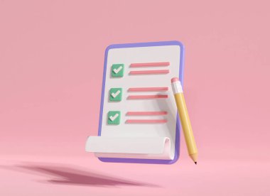 3D white clipboard with business paper checklist and pencil. 3d render illustration minimal style. note paper management check on pink background. Business time document marking task. working plan.
