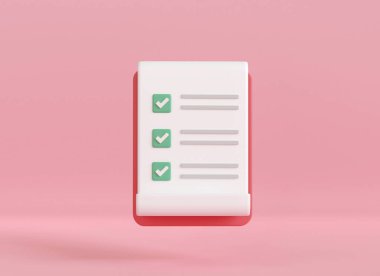 3d render clipboard with checklist  on pink background. note paper management check icon. Business time document marking task. working project plan symbol. 3d rendering illustration cartoon minimal.