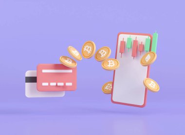 3d finance transfer money and credit card. crypto currency trading on mobile. Paying and shopping online. financial transactions concept. 3d render illustration cartoon minimal style.