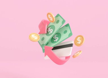 3d cash flow with banknote and coin. cashback credit card icon. money refund. business online payment and shopping. technology save money banking symbol. cashless society. 3d render illustration.