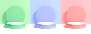 Set 3d render green, blue, red cylinder podium background. circle shape product display presentation. stand showcase backdrop. 3d rendering geometric platform minimal scene.